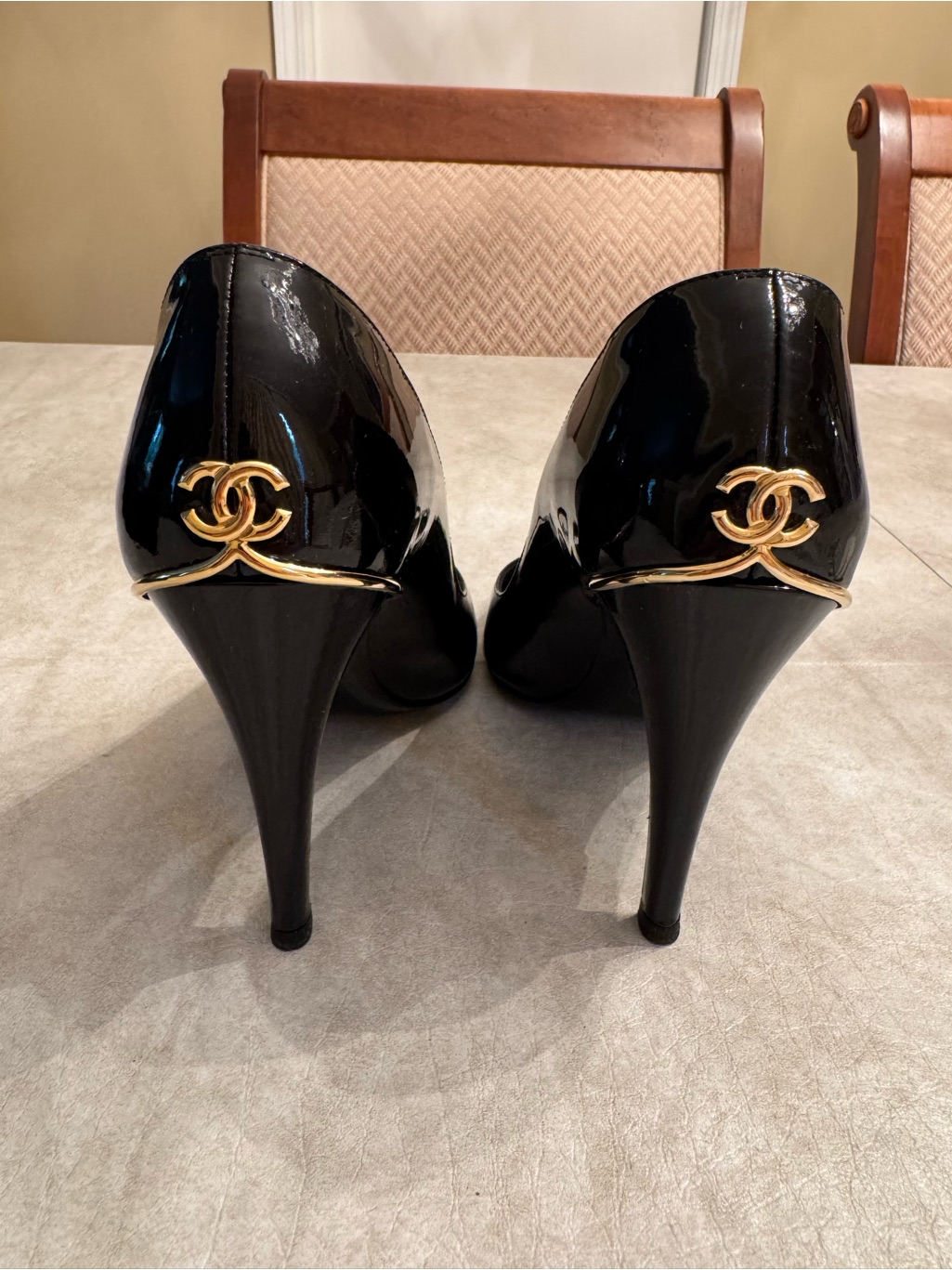 Authentic Chanel Black Patent Leather Open-Toe Pumps